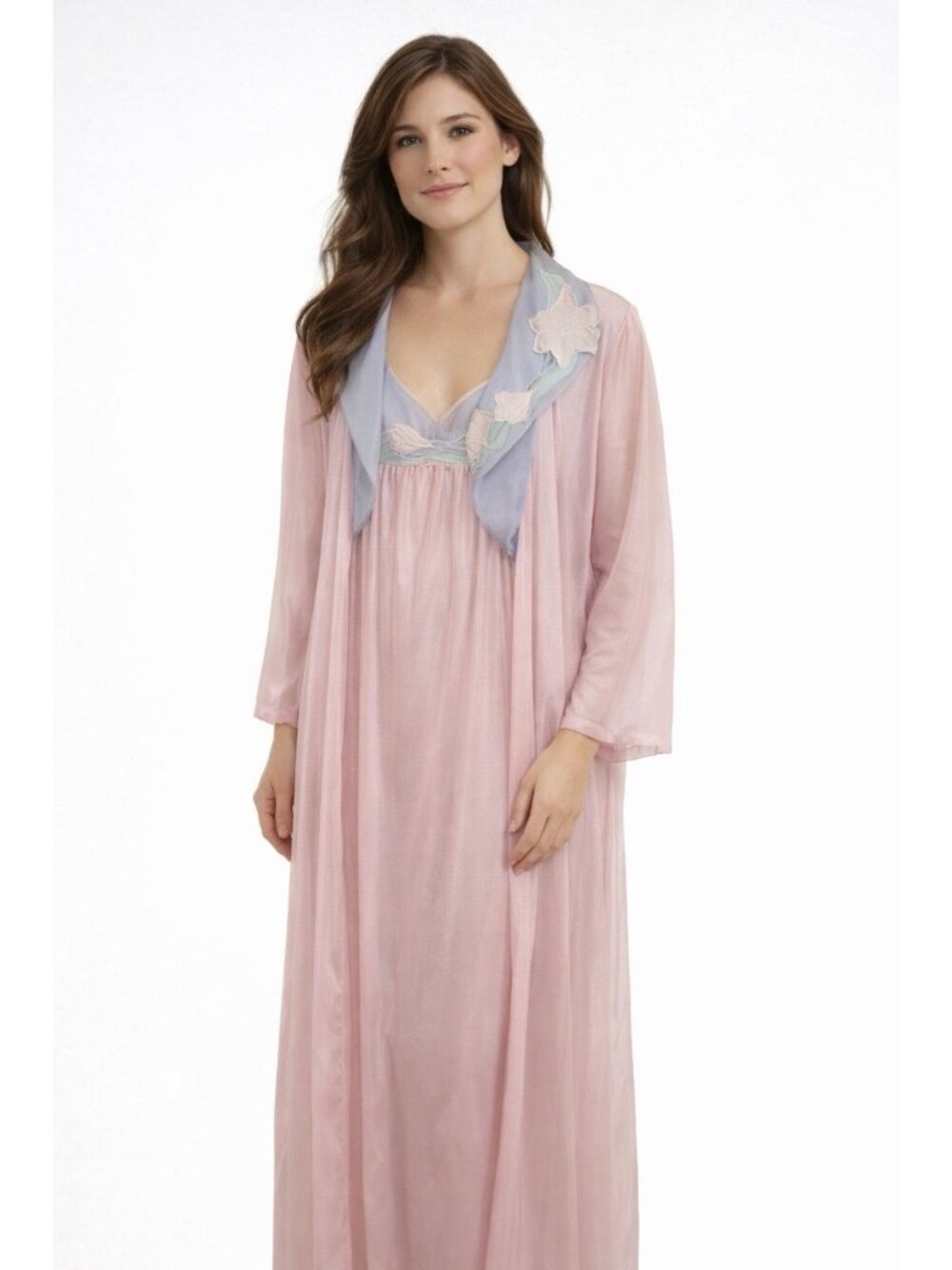 Vintage 70s 2pc Yolande M Nylon nighty nightgown robe lingerie pink sexy sheer